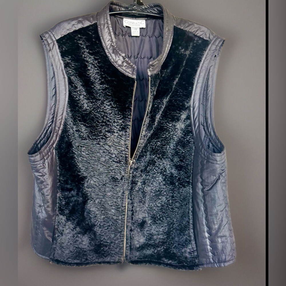Conrad C Collection Woman Sleeveless Black Faux Mink Quilted Full Zip Vest Sz 18